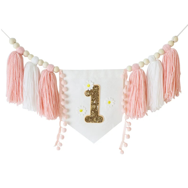 Bohemian Wooden Bead Tassel Banner 1Birthday Tassel Banner Daisy Theme Party Decoration Photo Props