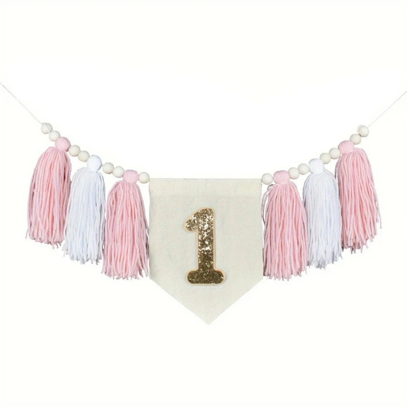 Bohemian Wooden Bead Tassel Banner 1Birthday Tassel Banner Daisy Theme Party Decoration Photo Props