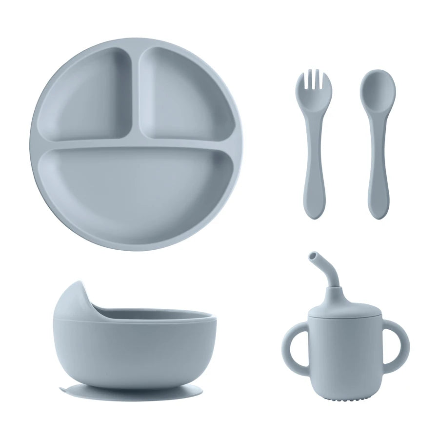 5PCS Baby Silicone Tableware Set Suction Bowl Plate Soft Utensils Sippy Cup Baby Stuff Feeding Training Sets For Baby