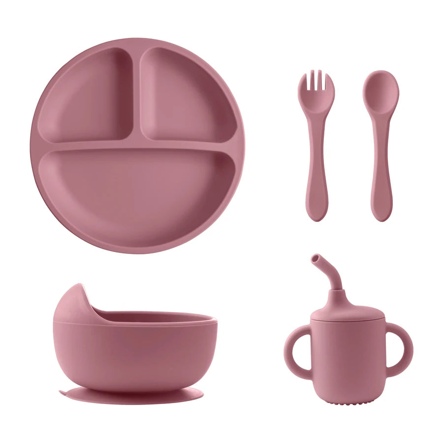 5PCS Baby Silicone Tableware Set Suction Bowl Plate Soft Utensils Sippy Cup Baby Stuff Feeding Training Sets For Baby