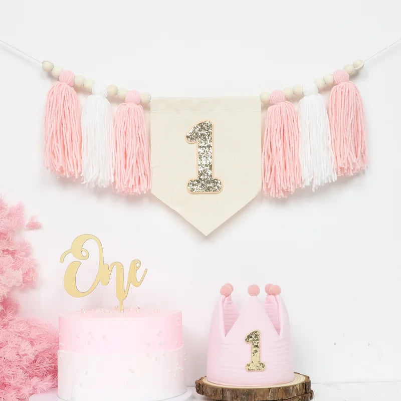 Bohemian Wooden Bead Tassel Banner 1Birthday Tassel Banner Daisy Theme Party Decoration Photo Props