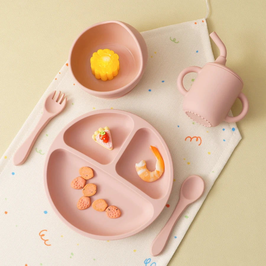 5PCS Baby Silicone Tableware Set Suction Bowl Plate Soft Utensils Sippy Cup Baby Stuff Feeding Training Sets For Baby