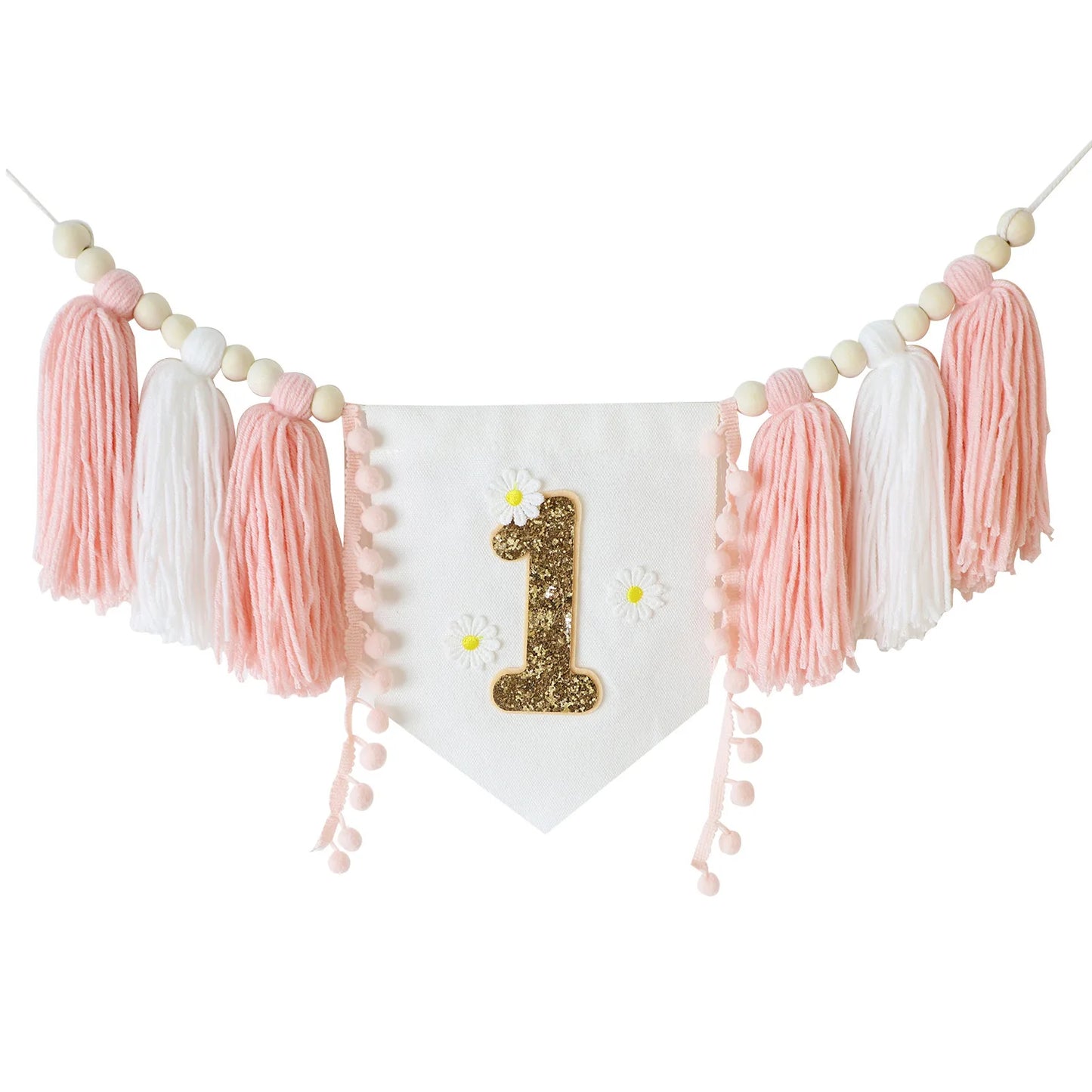 Bohemian Wooden Bead Tassel Banner 1Birthday Tassel Banner Daisy Theme Party Decoration Photo Props