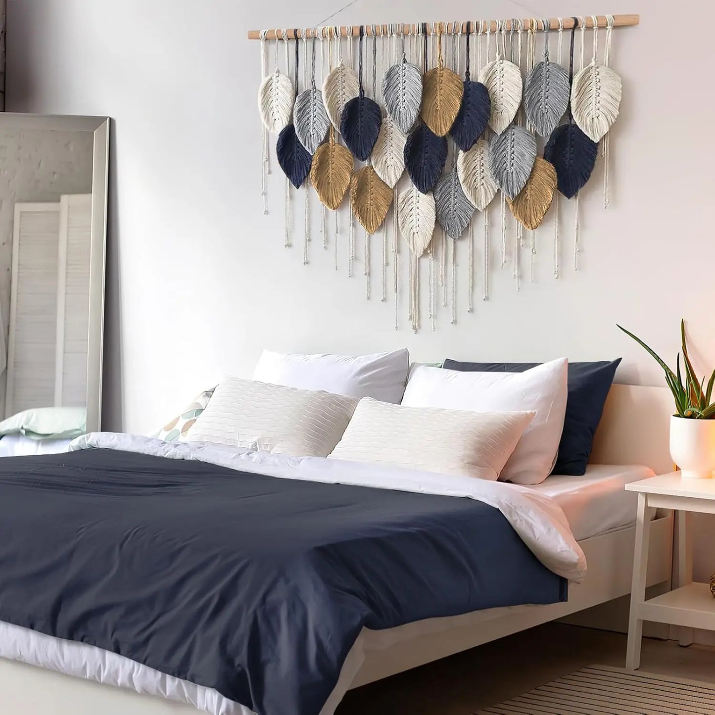 Boho Home Decoration, Macrame Tapestry Macrame Leaf Feather Wall Hanging Decor for Living Room Bedroom, Boho Wall Art Home Decor