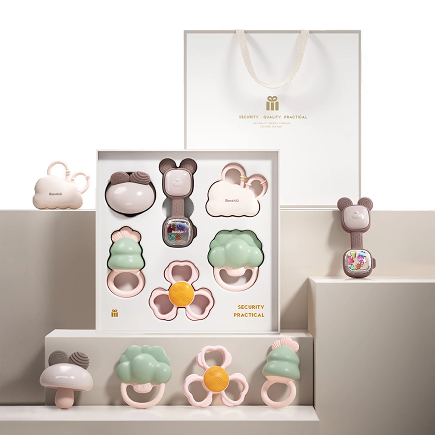 Baby Teether Rattle Gift Set 6-Piece Soft Silicone, 0+ Months Teething Relief Sensory Toys, Ideal Baby Shower Gift