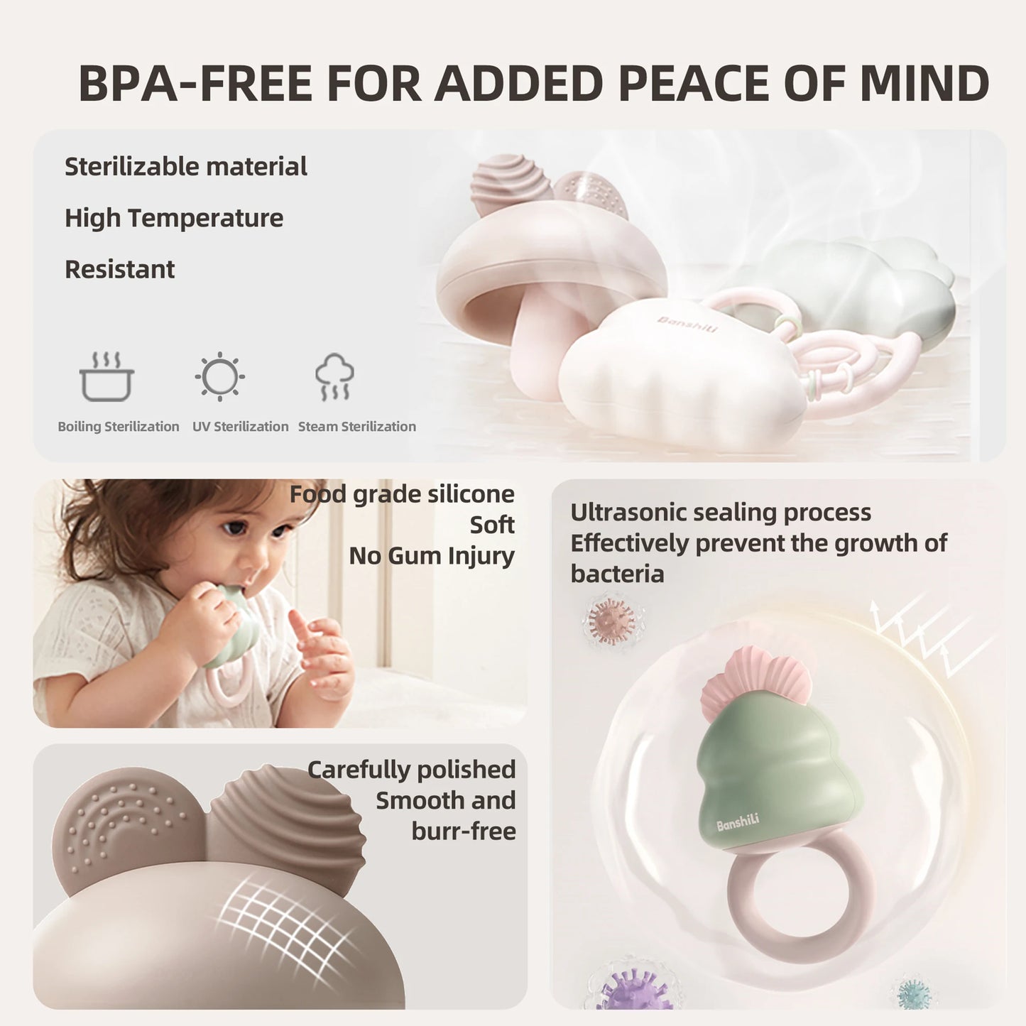 Baby Teether Rattle Gift Set 6-Piece Soft Silicone, 0+ Months Teething Relief Sensory Toys, Ideal Baby Shower Gift