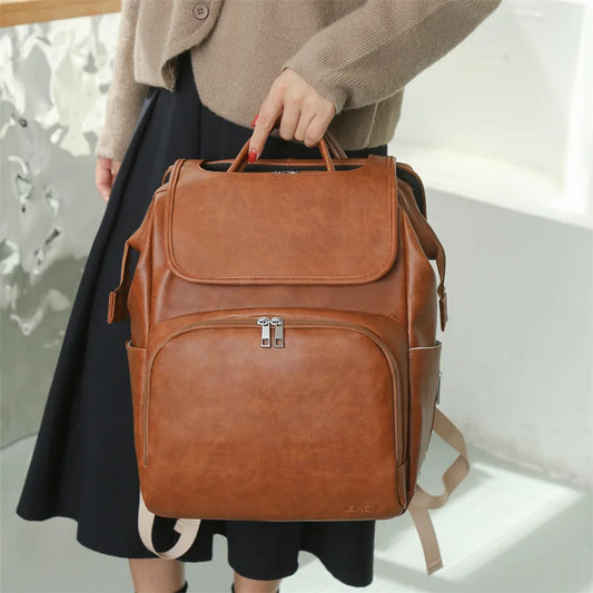 Multi Functional Mommy Bag PU Leather Diaper Bag Backpack Unisex Baby with Changing Mat Large Capacity Travel Diaper Backpack